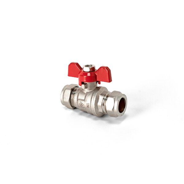 15mm FULL BORE COMPRESSION BALL VALVE RED BUTTERFLY HANDLE
