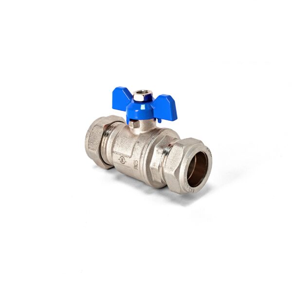 22mm Full Bore Compression Ball Valve with Butterfly Handle (Inc Red & Blue Handles)